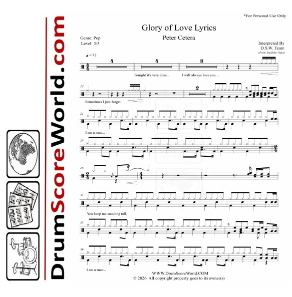 Peter Cetera – Glory of Love - Drum Sheet